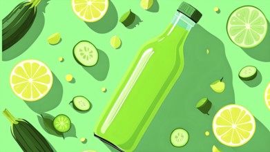 Abstract wallpaper composition with bottle of delicious green detox juice and fruits and