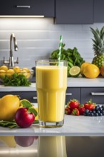 Smoothie surrounded by an assortment of fruits and vegetables, AI generated