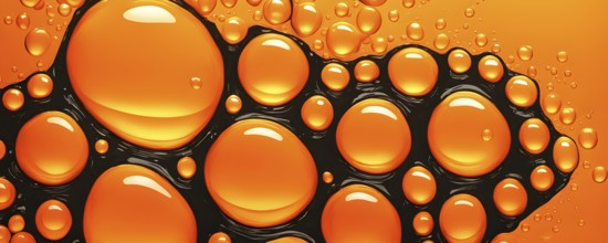 Illustration of oil and water bubbles floating serenely juxtaposed against a vivid orange