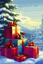 Abstract illustration of wrapped Christmas gifts, shiny ribbons and bows, stacked under a