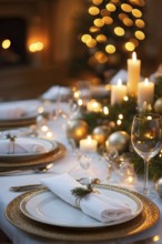 Close up of Christmas dinner table with traditional festive foods and ambient candlelight, AI