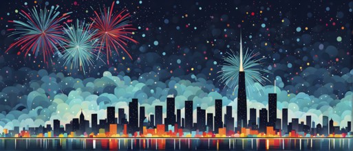 Minimalist, geometric skyline at night, with subtle fireworks in the sky, represented by colorful