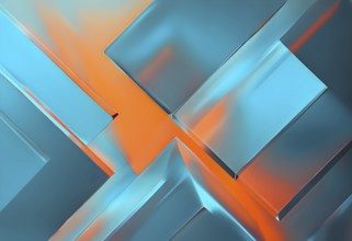 Translucent geometric shapes create depth with sharp angles and smooth transitions, orange and blue