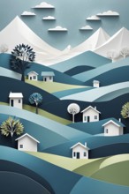 Landscape set in paper art style featuring houses tucked between verdant trees and rolling hills,