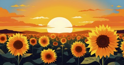 Abstract illustration of a field of sunflowers backlight with beautiful sunrise, AI generated