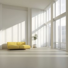 Minimalist living room with clean lines and neutral tones, featuring a modern yel colored sofa, AI