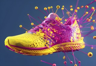 Running shoe, breaking into pixels and data points, morphing into a network of neural nodes,