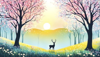 Abstract minimalist spring scene with a single, sharp silhouette of a deer and of a blooming tree,