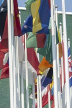 Many flags in front of the United Nations Conference Centre, Bangkok, Thailand, Asia