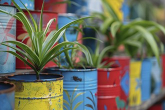 Concept for upcycling old tin cans as flower pots. Generative Ai, AI generated