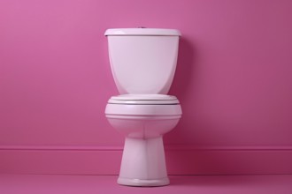 White ceramic toilet in front of pink wall. Generative AI, AI generated