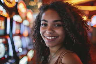 Happy woman with blurry colorful casino with slot machines in blurry background. Generative ai, AI