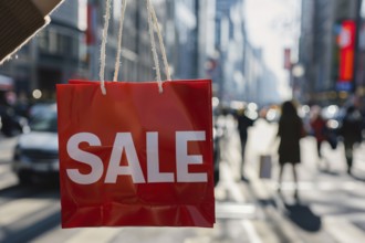 Red shopping bag with white text 'SALE' carried by person in city street. Generative Ai, AI