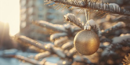 Christmas banner with single golden bauble ornament on tree and blurry city in background,