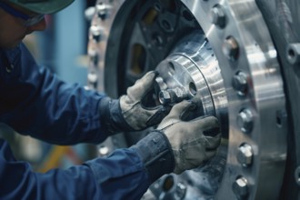 Person with gloves working on windmill part in factory. Generative Ai, AI generated