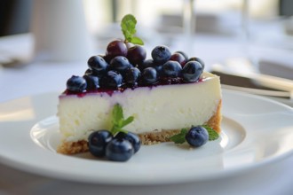 Slice of cheesecake topped with blueberry fruits. Generative Ai, AI generated