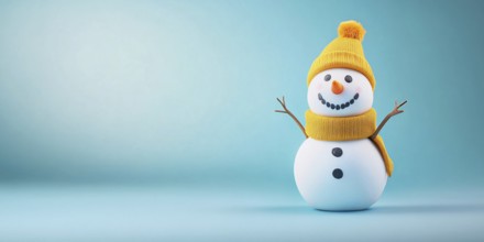 Cute snowman with knitted hatand scarf on blue background with copy space. Generative AI, AI