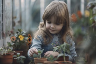 Child taking care of small plant seedlings in greenhouse. KI generiert, generiert, AI generated