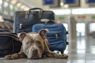 Traveling with a Pit Bull terrier. Dog with luggage in background at airport or train station. KI