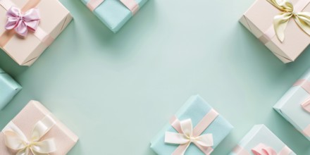 Small gift boxes on pastel background with copy space in middle. KI generiert, generiert, AI