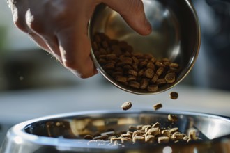 Human filling pet bowl with dry kibble food. KI generiert, generiert, AI generated