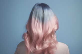 Back view of woman with pastel pink and blue hair. AI generated