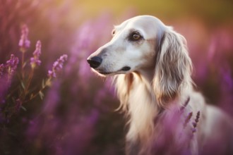 White Saluki dog between purple heather flowers. KI generiert, generiert AI generated