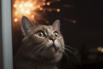 Cat looking out of window with fireworks reflection. KI generiert, generiert AI generated