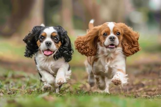 Two cute Cavalier King Charles Spaniel pups running playfully, AI generated