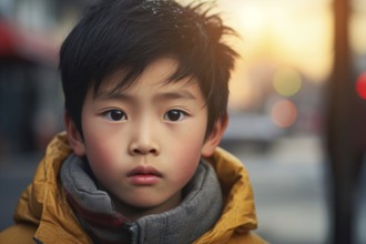 Portrait of Asian boy child in winter coat. KI generiert, generiert AI generated