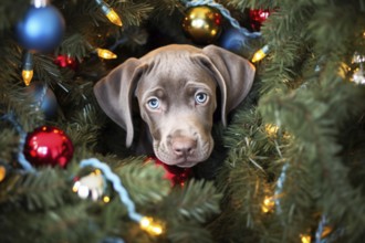 Young dog puppy hiding in Christmas tree with bauble ornaments and electric candle lights. KI