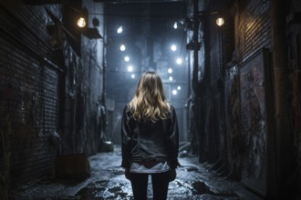 Back view of young woman alone in dark street alley at night. KI generiert, generiert AI generated