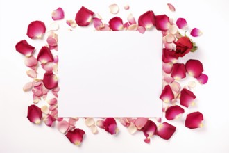 White paper sheet surrounded by pink rose petals. KI generiert, generiert, AI generated