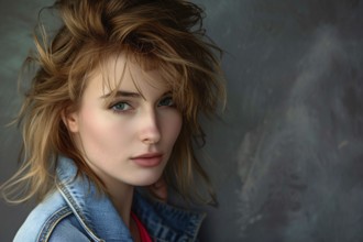 Young pretty woman with 1980s hairstyle and makeup. KI generiert, generiert, AI generated