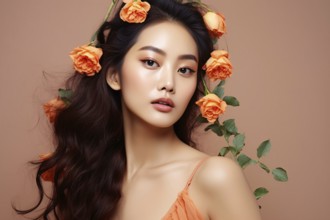 Asian woman with orange rose flowers in hair. KI generiert, generiert, AI generated