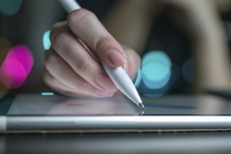 Close up of female hand writing with white pen on computer tablet. KI generiert, generiert, AI