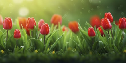 Red tulip spring flowers on grass with rain drops and sun light. KI generiert, generiert AI