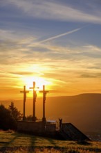 Sunset, crucifixion group, three crosses on the Kreuzberg in the Rhön, Kreuzberg near Bischofsheim,