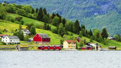 Mountains and Fjord over Norwegian Village, Olden, Innvikfjorden, Norway, Europe