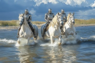 Cyborg soldiers in full battle armor riding white horses in water, AI generated