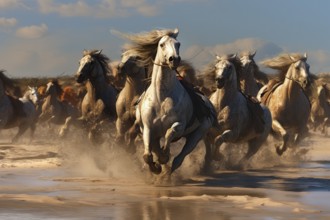 White horses running wild in water, AI generated