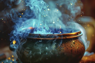 Bubbling blue witch cauldron with smoke. Generative AI, AI generated