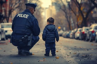 Back view of male police officer interacting with small toddler child in street. Generative AI, AI