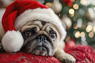 Cute Pug dog with red santa hat in front of blurry christmas tree Generative Ai, AI generated