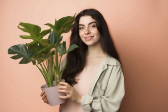 Young woman with tropical monstera houseplant. KI generiert, generiert AI generated