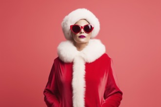 Woman in red santa style clothes and sunglasses. AI generated