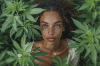 Top view, portrait, young woman lying relaxed in a hemp field, surrounded by hemp leaves, cannabis,