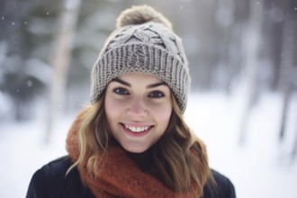 Young woman with knitted winter hat and scarf in snow. KI generiert, generiert, AI generated