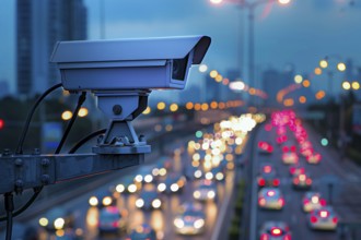 A surveillance camera, CCTV, traffic monitoring on a motorway, blue hour, AI generated, AI