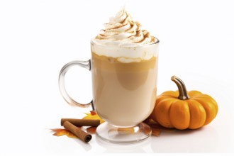 Pumpkin spice latte in drinking glass on white background. KI generiert, generiert AI generated